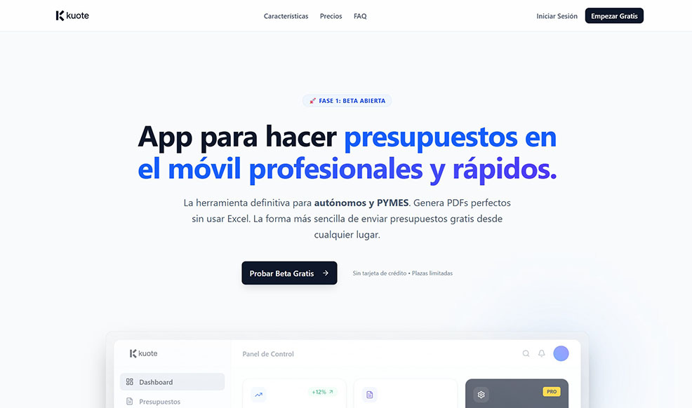 Landing Page Kuote.app presupuestos en un click