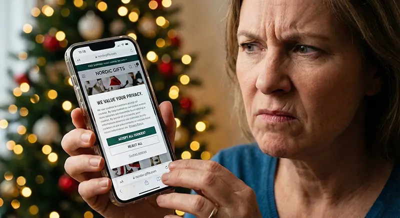 Hyper-realistic close-up image of a person holding a brand new smartphone with a frustrated facial expression. The screen shows a cluttered mobile website with a huge cookie consent banner blocking the content. Warm Christmas lights in the blurred background