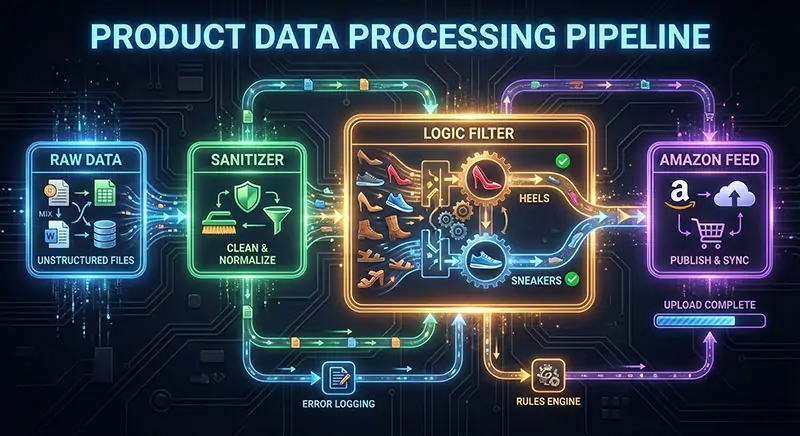 Detailed flowchart visualization on a dark background. Nodes representing 'Raw Data', 'Sanitizer', 'Logic Filter', and 'Amazon Feed'. The 'Logic Filter' node is glowing, showing icons of a high heel and a sneaker being sorted correctly.