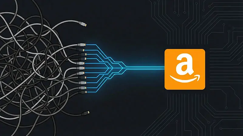 A minimal, flat illustration showing a chaotic, tangled server cable turning into a straight, glowing blue digital line connecting to the Amazon logo. Dark background, tech aesthetic.