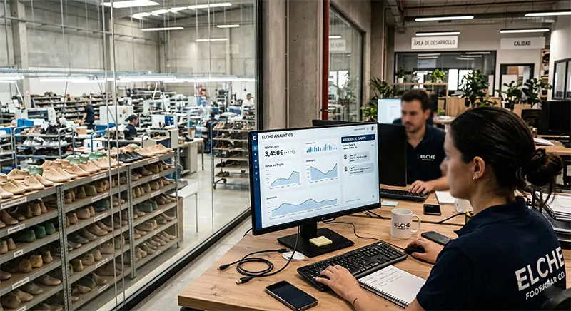 oficina moderna en una fábrica de calzado en Elche. En primer plano, una pantalla de ordenador muestra un panel de analíticas y un chat de atención al cliente. De fondo, desenfocado, estanterías con hormas de zapatos y luz natural entrando por un ventanal.