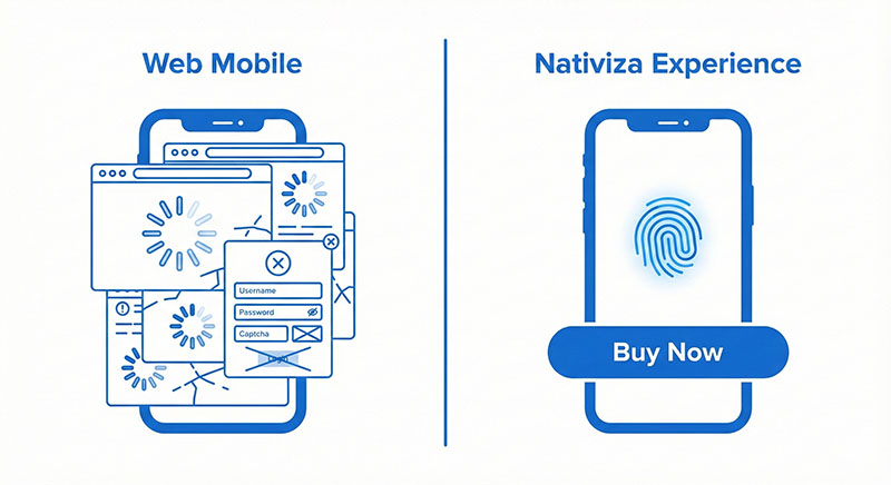 minimalistic illustration split in half. On the left side, a chaotic browser window with loading spinners and login forms labeled 'Web Mobile'. On the right side, a sleek, clean smartphone interface with a fingerprint icon and a 'Buy Now' button labeled 'Nativiza Experience'