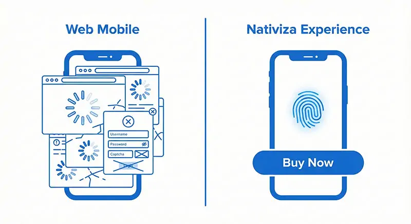 minimalistic illustration split in half. On the left side, a chaotic browser window with loading spinners and login forms labeled 'Web Mobile'. On the right side, a sleek, clean smartphone interface with a fingerprint icon and a 'Buy Now' button labeled 'Nativiza Experience'