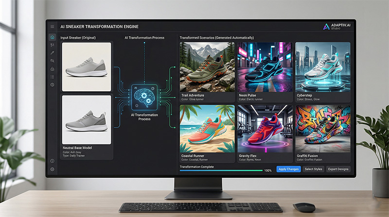 Prompt para Banana Image: Interfaz de software en una pantalla panorámica mostrando cómo una zapatilla deportiva neutra es transformada por inteligencia artificial en diferentes escenarios y colores de forma automática. Entorno de trabajo limpio y minimalista.
