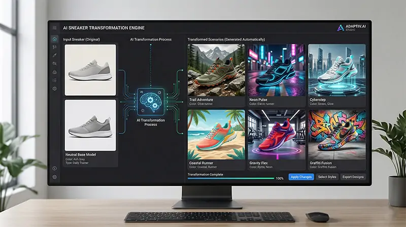 Interfaz de software en una pantalla panorámica mostrando cómo una zapatilla deportiva neutra es transformada por inteligencia artificial en diferentes escenarios y colores de forma automática. Entorno de trabajo limpio y minimalista.
