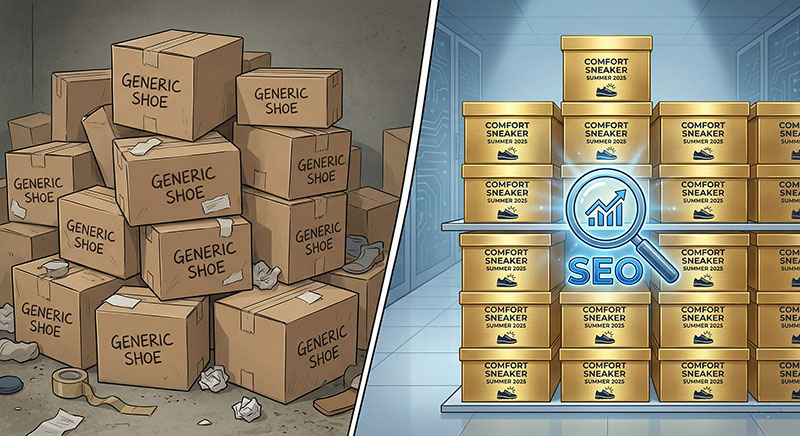 Split screen illustration. Left side: A messy pile of cardboard boxes labeled 'Generic Shoe'. Right side: Neatly stacked, golden boxes labeled 'Comfort Sneaker Summer 2025' with a magnifying glass hovering over them representing SEO.