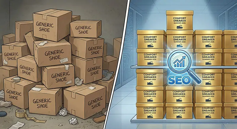Split screen illustration. Left side: A messy pile of cardboard boxes labeled 'Generic Shoe'. Right side: Neatly stacked, golden boxes labeled 'Comfort Sneaker Summer 2025' with a magnifying glass hovering over them representing SEO.
