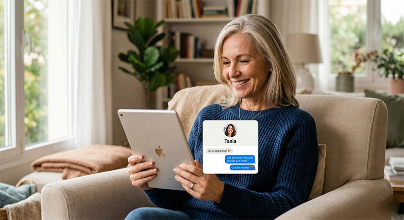 Mujer, elegante y sonriente, con pantalla de su tablet donde se ve un chat moderno y minimalista