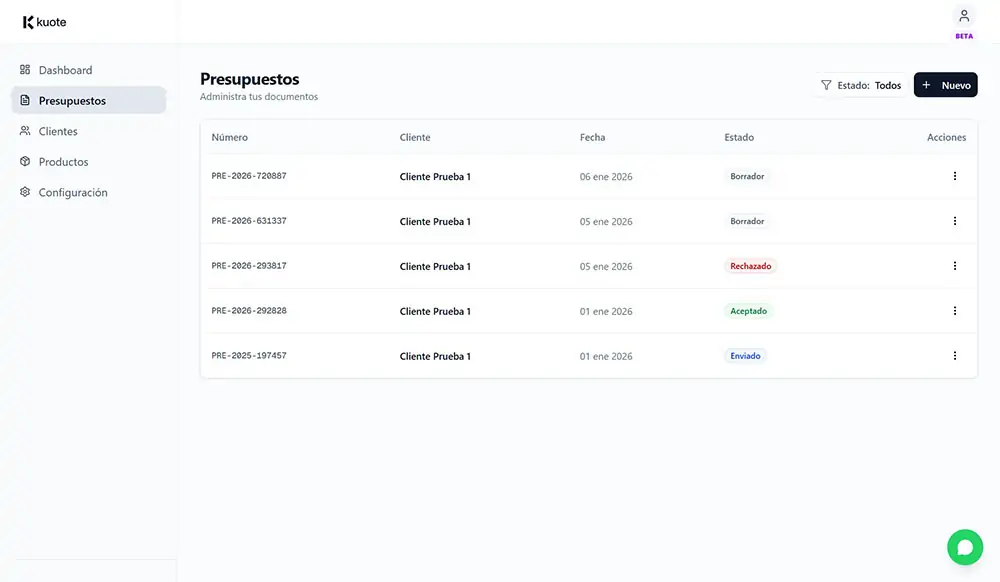 Kuote.app vista pantalla presupuestos
