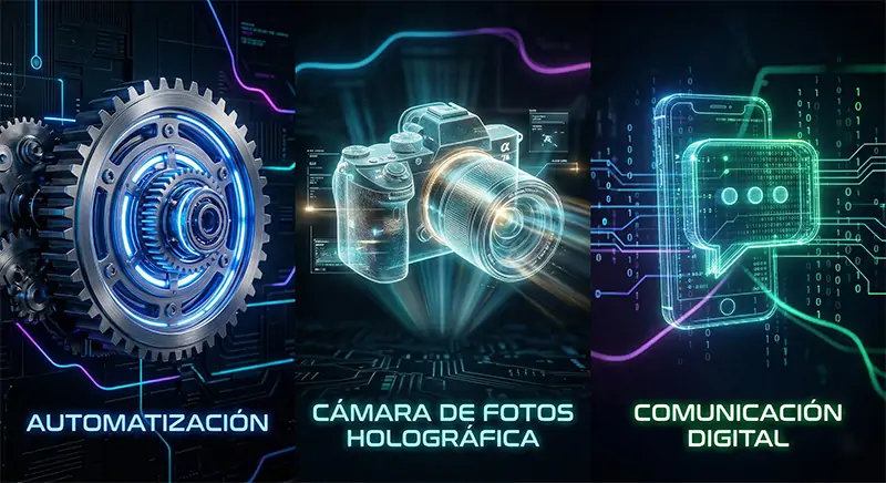 Prompt para Banana Image: Composición moderna que divide la imagen en tres conceptos tecnológicos: un engranaje iluminado representando automatización, una cámara de fotos holográfica y un escudo de seguridad digital. Fondo con tonos oscuros y luces de neón sutiles. Alta resolución, hiperrealista, estética profesional.