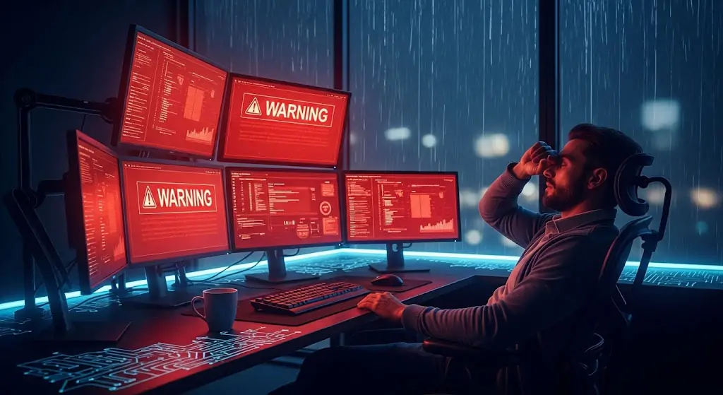 Un desarrollador exhausto mirando múltiples pantallas